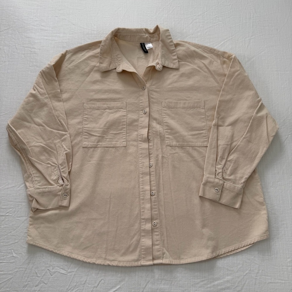 H&M Beige Corduroy Oversized Button-Down Shacket Shirt